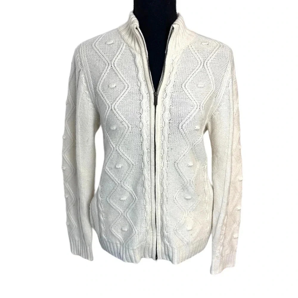 Gobi Mongolian Cashmere‎ ivory cable knit front zip sweater jacket size XL
